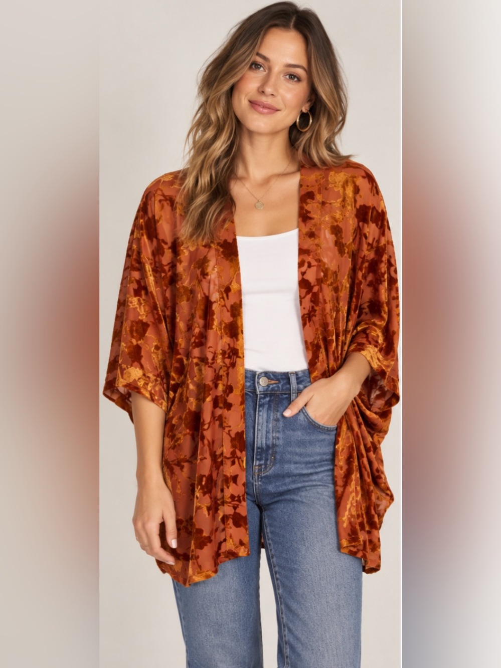A New Day Velvet Burnout Kimono in Rust